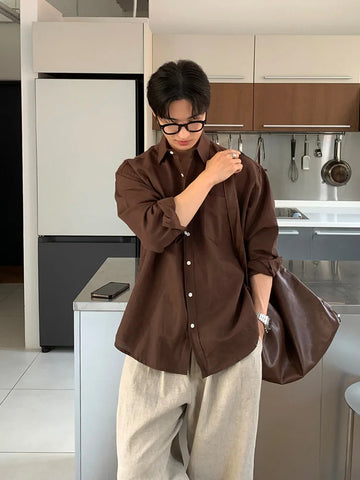 AIDASE  -  Men Spring And Autumn Korean style Vintage Cotton Linen Solid Color Long-sleeved Shirt Male Maillard Brown ins Shirt Cloth Top aidase-shop